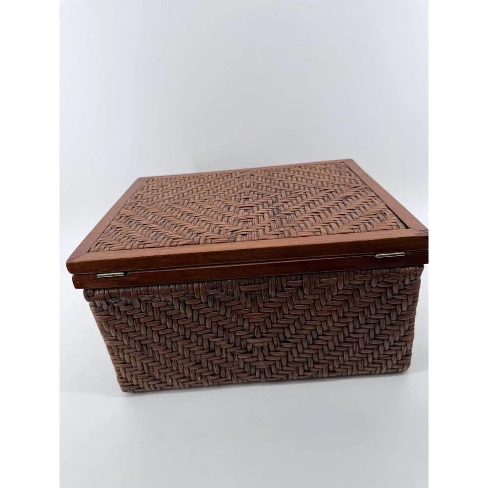 Storage Box Medium Herringbone Weave Rattan Wood Brown Solid